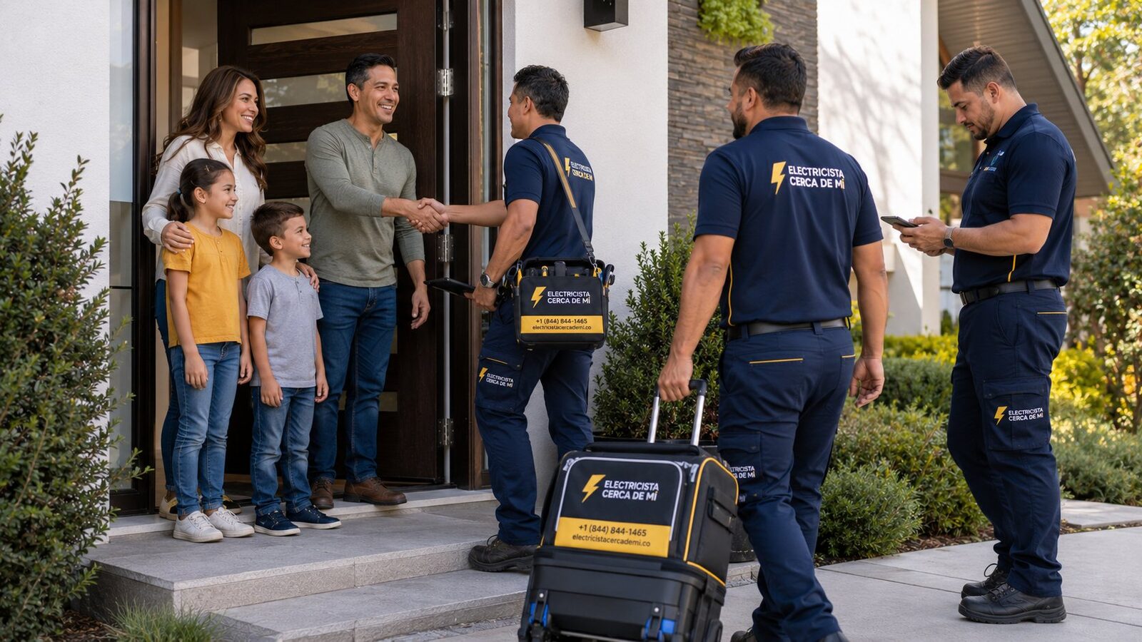 Electricistas de Electricista Cerca De Mí saludando a una familia en la puerta de su hogar