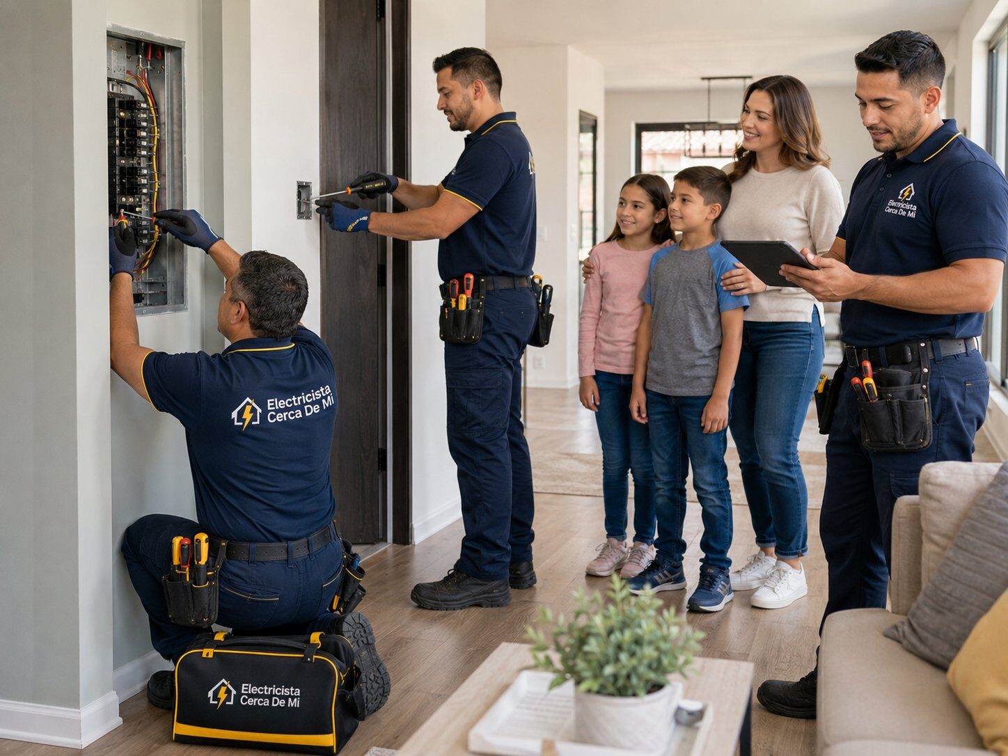 Electricistas de Electricista Cerca De Mí trabajando en un panel eléctrico mientras una familia observa